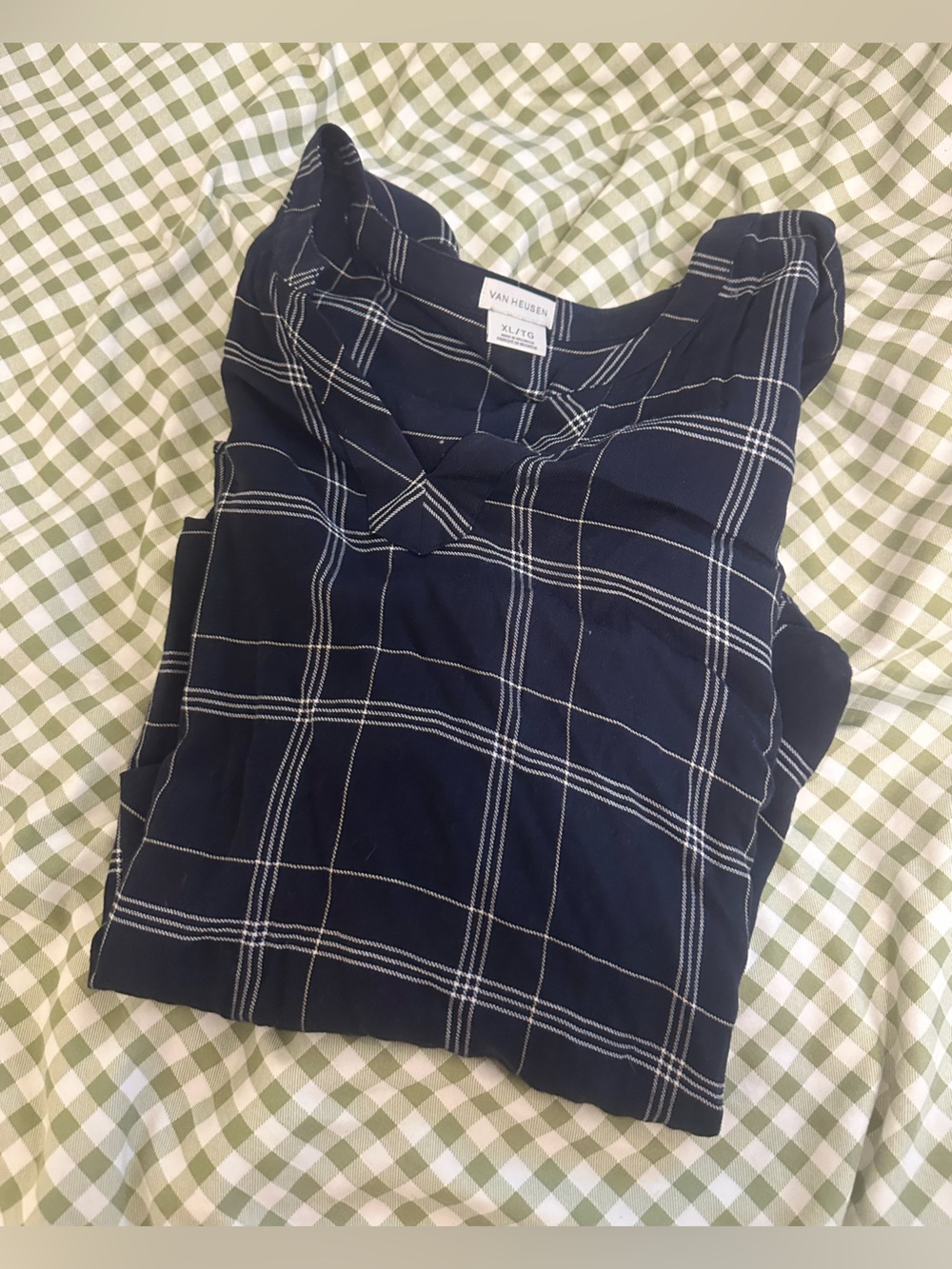 VanHeusen Navy Plaid V-Neck Blouse
